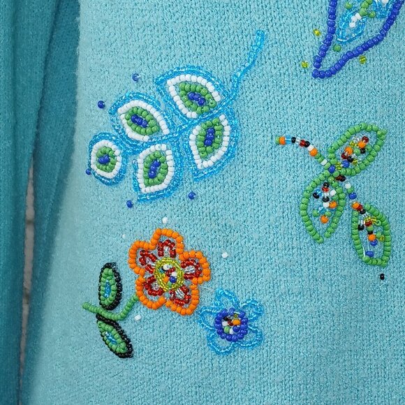 NORTHERN ISLES CARDIGAN SWEATER CHEYENNE BLUE BEADED FLOWERS WOMENS MEDIUM - Picture 2 of 9